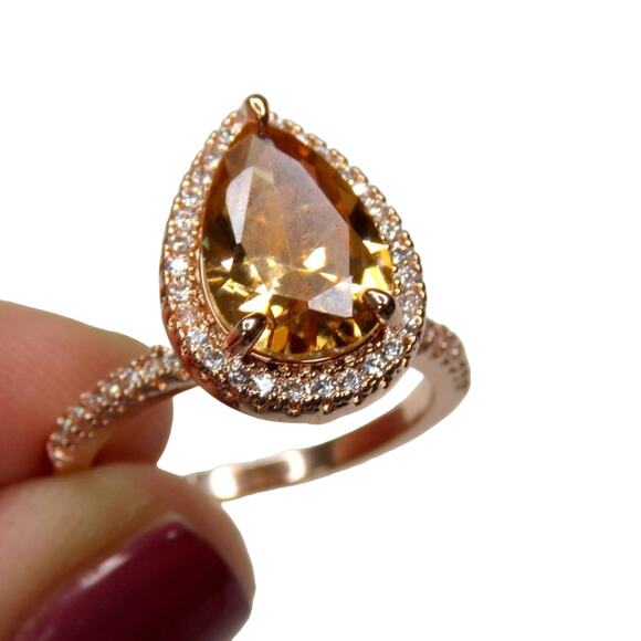 Macy's Rose Gold Pear Teardrop Halo Morganite Diamond Ring S 925 Size 7 - Picture 2 of 11